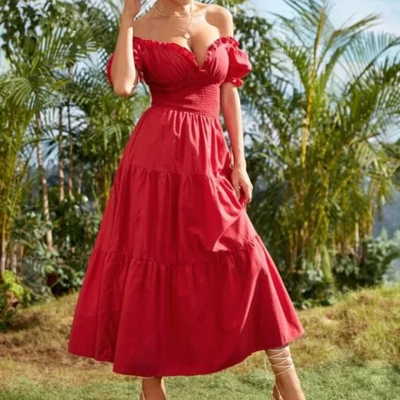 Red Boho Off Shoulder Flounce Sleeve shabby chic Shirred cottagecore Maxi Dress - Picture 4 of 5